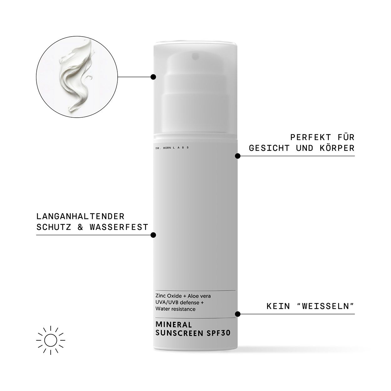 Weiße Flasche mit Dosierpumpe. Beschriftung: Mineral Sunscreen SPF30, UVA/UVB, wasserfest. Text: Perfekt für Gesicht und Körper, kein „Weißeln“.