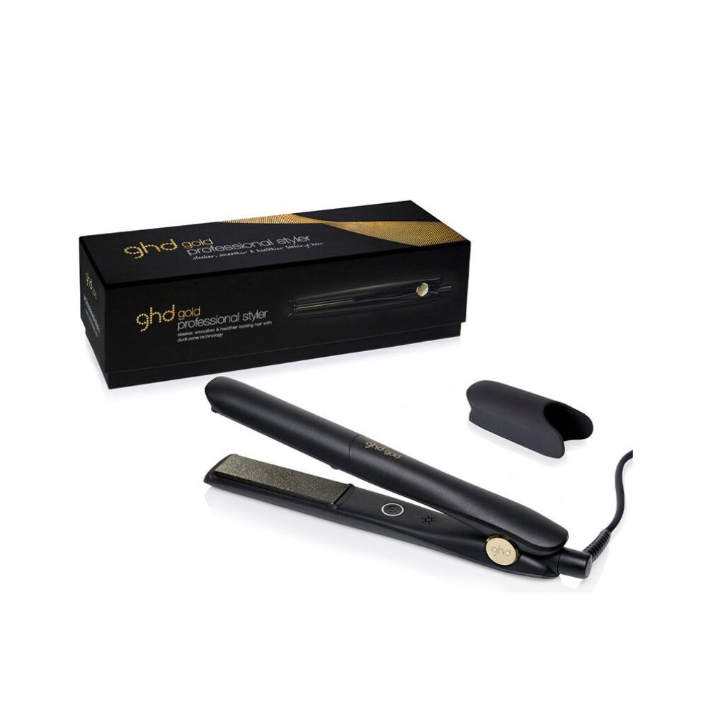 Schwarzer Styler mit Verpackung und Hitzeschutz. Aufschrift: ghd gold professional styler.
