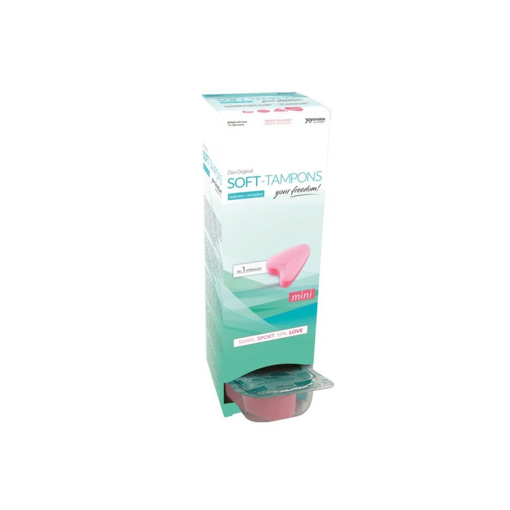 Verpackung von Soft-Tampons mini. Rosa Tampon und Verpackung mit Produktinformationen. Text: SWIM, SPORT, SEX, LOVE.