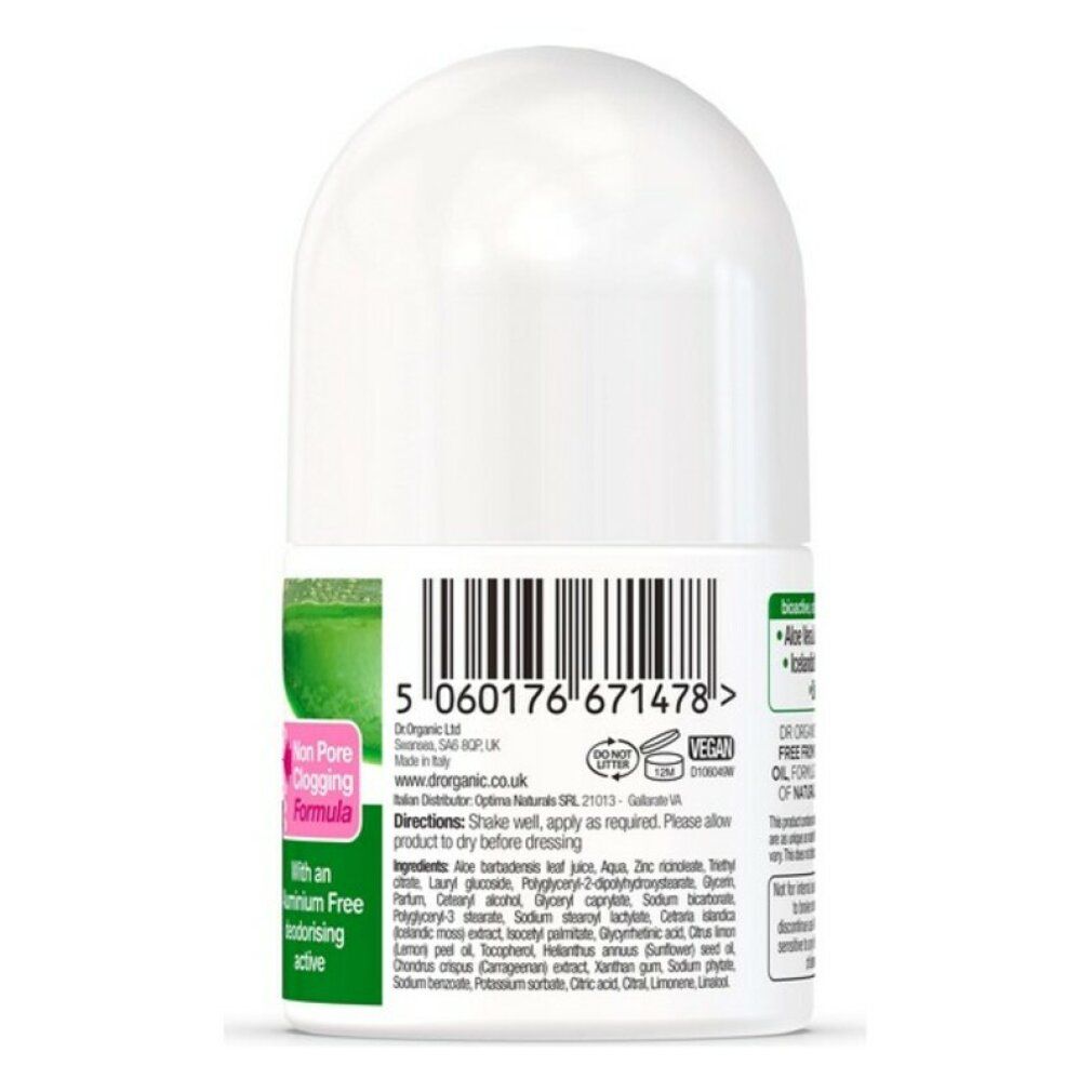 Rückseite des Roll-on-Deodorants. Weißer Behälter mit grünem Etikett. Inhaltsstoffe und Bio-Aktiv-Logo.