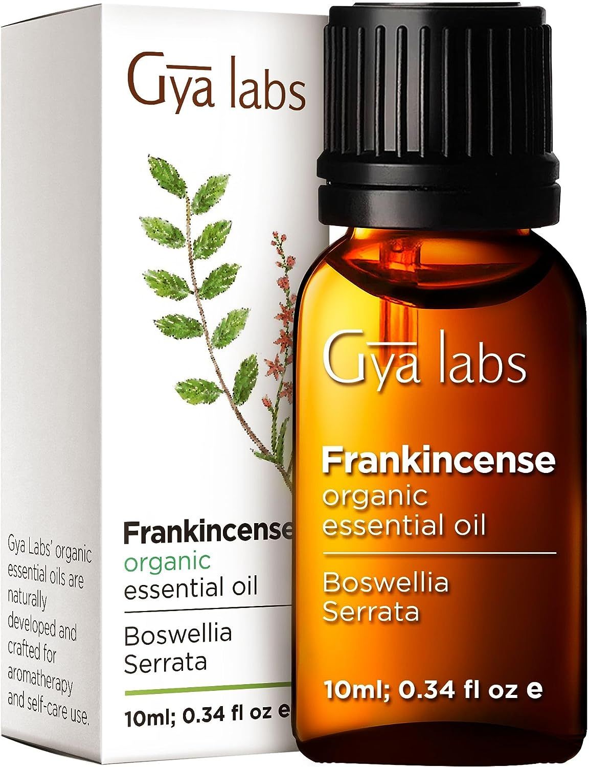 Braunglasflasche mit schwarzem Deckel und weißer Verpackung. Aufschrift: Gya Labs, Weihrauch, organisches ätherisches Öl, Boswellia Serrata.