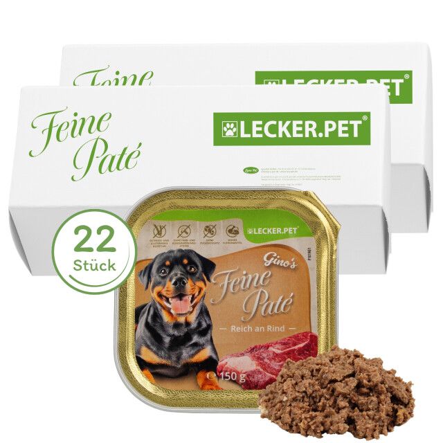 Hundefutter-Packungen und eine geöffnete Dose. Aufschrift: Gino's Feine Paté Reich an Rind. 22 Stück.
