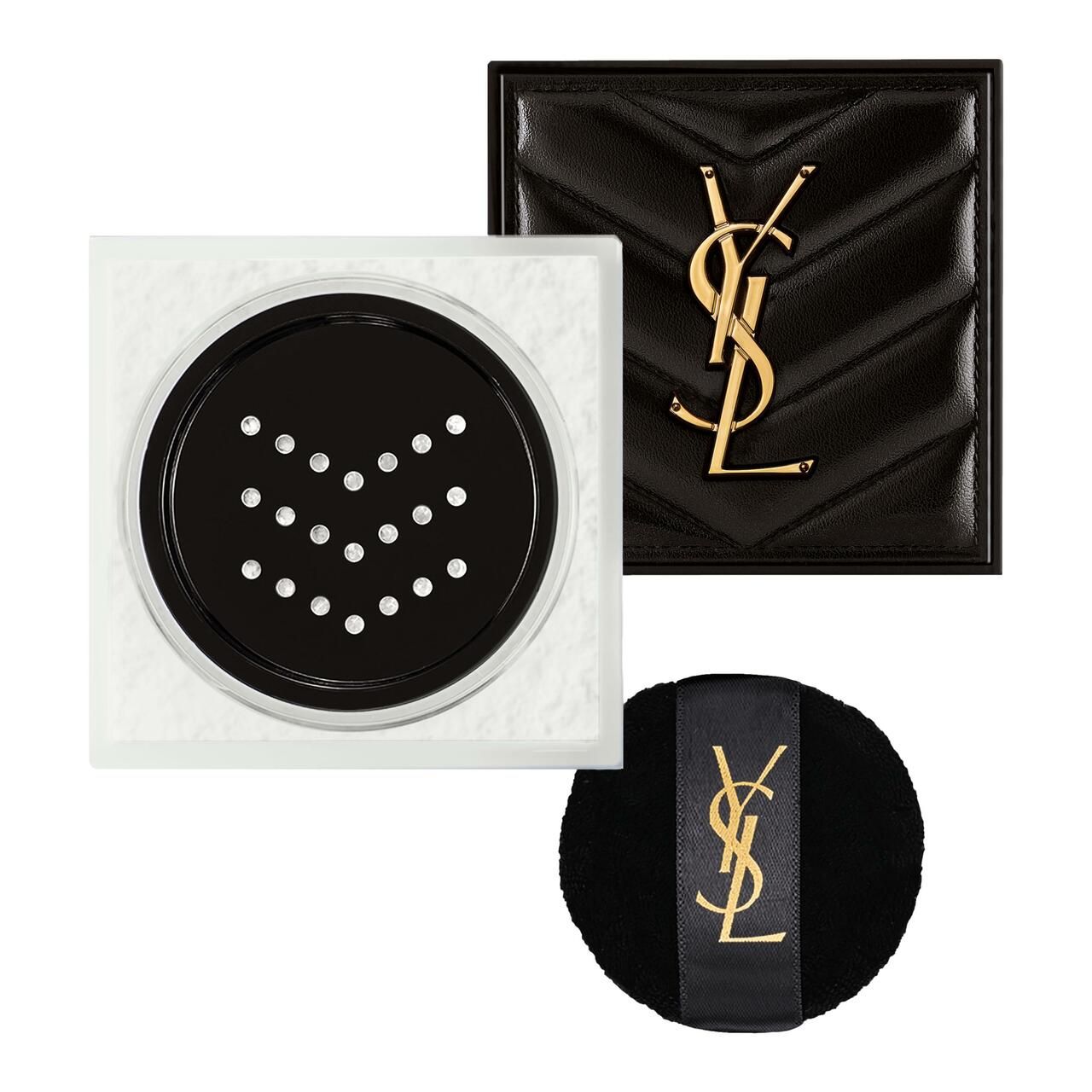 Puderbehälter, schwarzes Sieb, schwarze Puderdose mit YSL-Logo, schwarzes Puderquaste mit YSL-Logo.