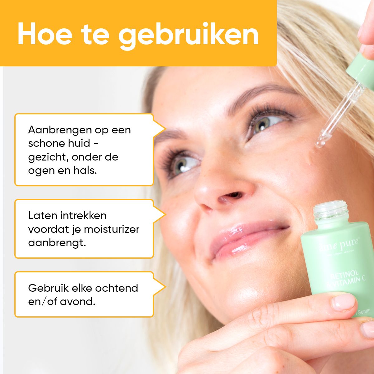Twee groene serumflessen. Tekst: Ingecapsuleerde Retinol, geconcentreerde Vitamine C, Fucocert. Gele tekstvakken.