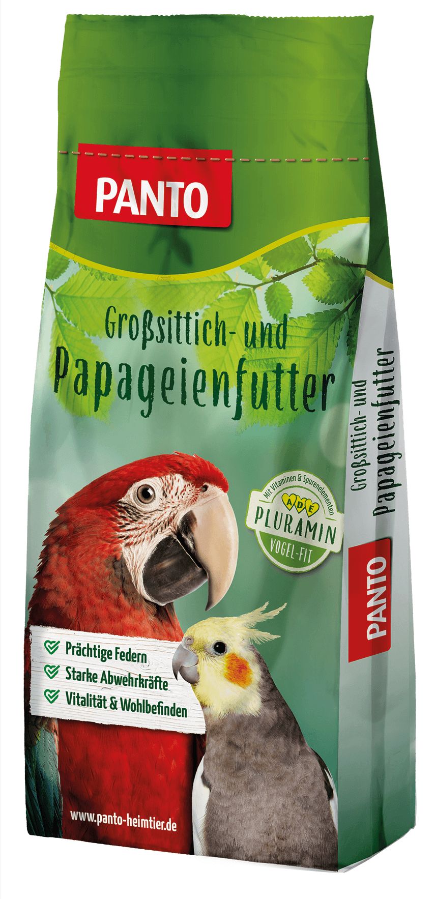 Verpackung Papageienfutter. Roter Schriftzug PANTO. Abbildung von Papageien. Text: Großsittich- und Papageienfutter. Mit Pluramin.