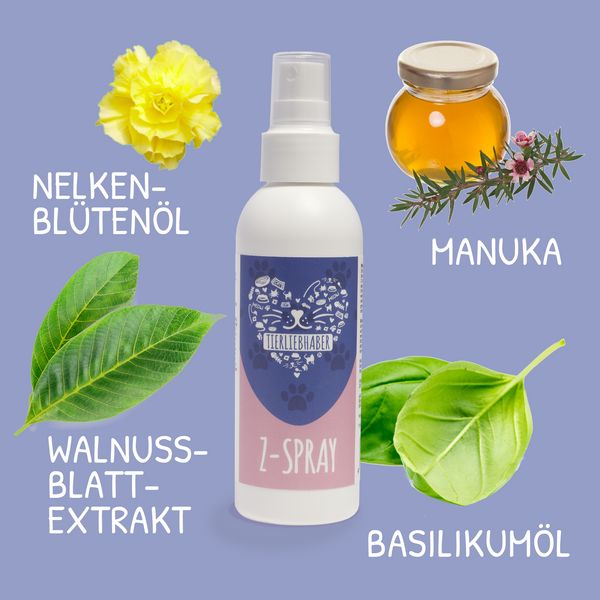 Weiße Sprühflasche mit Etikett und Zutaten: Nelkenblütenöl, Manuka-Honig, Walnussblattextrakt, Basilikumöl. Aufschrift: Z-Spray.