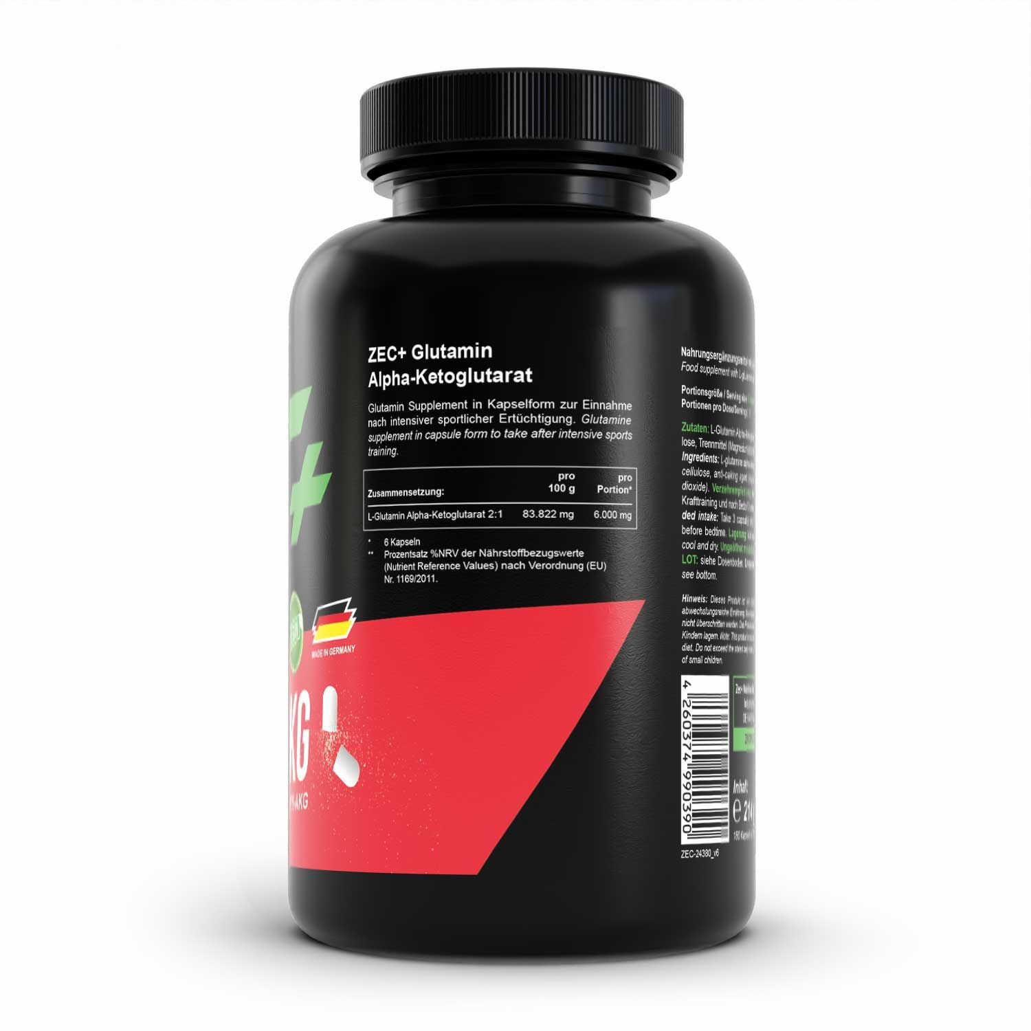 Rückseite einer schwarzen Flasche. Rotes Etikett mit weißer Schrift. Aufschrift: ZEC+ Glutamin Alpha-Ketoglutarat.