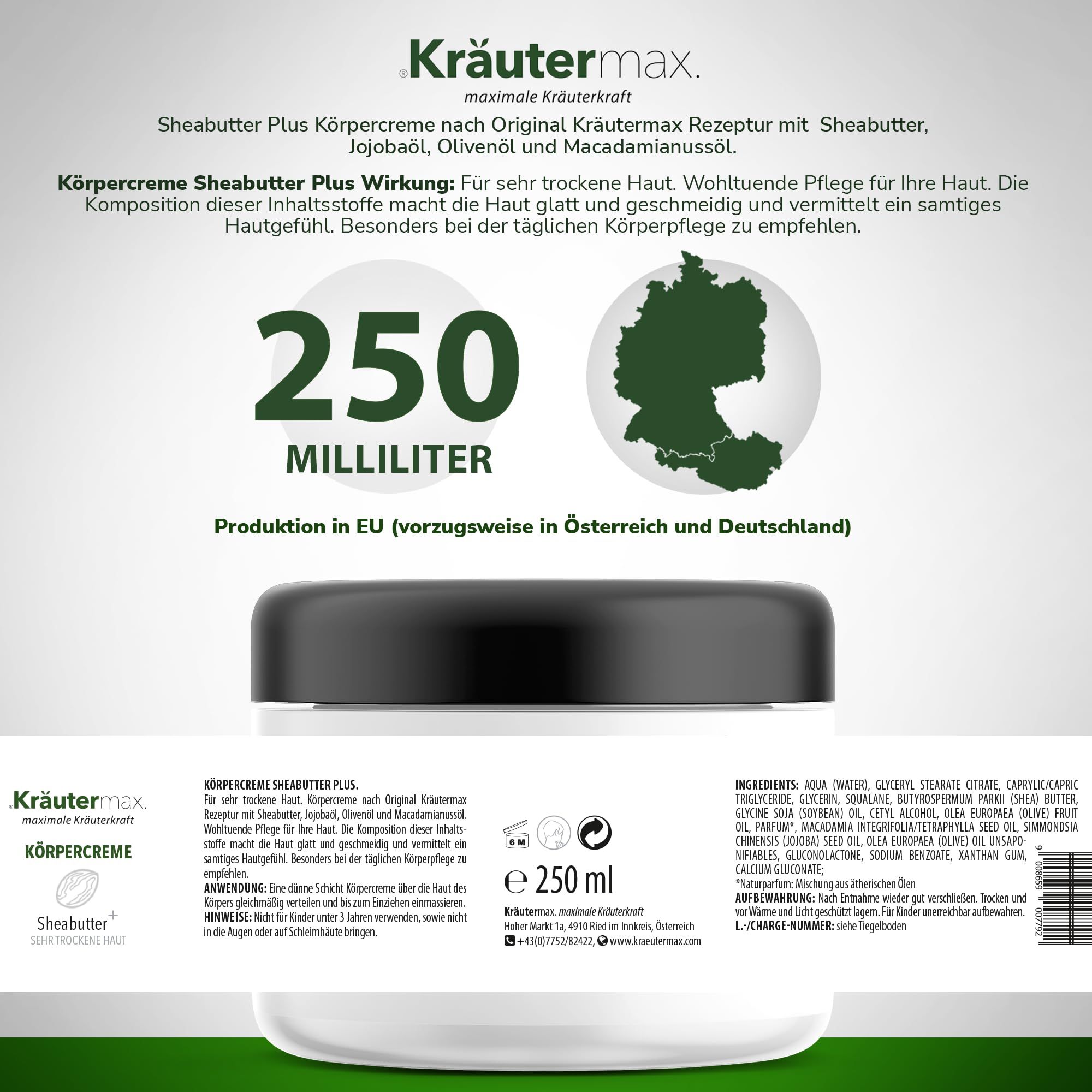 Produktverpackung mit Creme-Tiegel und Text. 250 Milliliter. Hergestellt in EU (vorzugsweise Österreich und Deutschland).