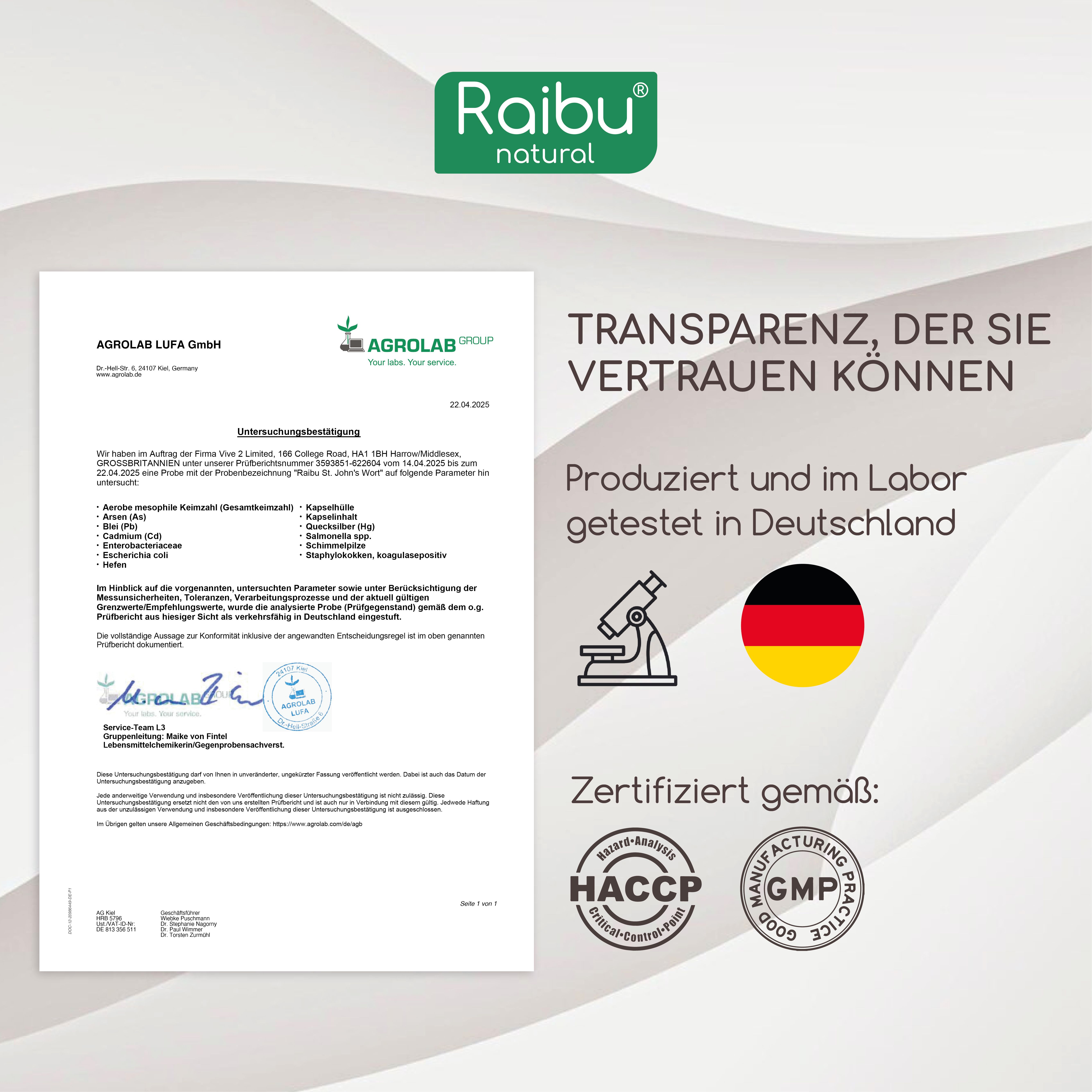 Zertifizierungsdokumente mit Logos von HACCP und GMP. Text: Produziert und im Labor getestet in Deutschland.
