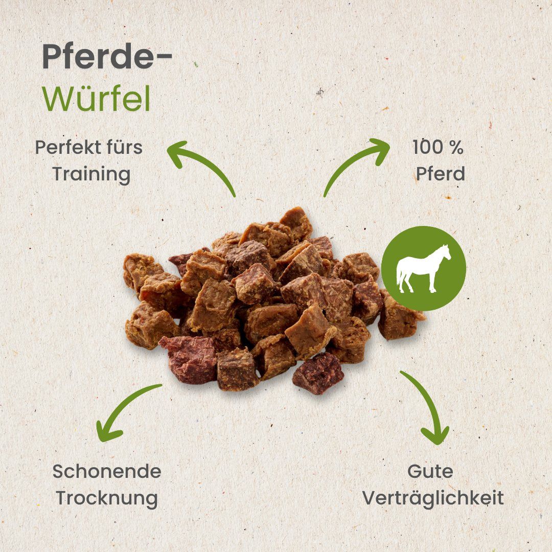 Pferde-Würfel: Kleine, getrocknete Fleischwürfel für Pferde, 100% Pferd, schonend getrocknet.