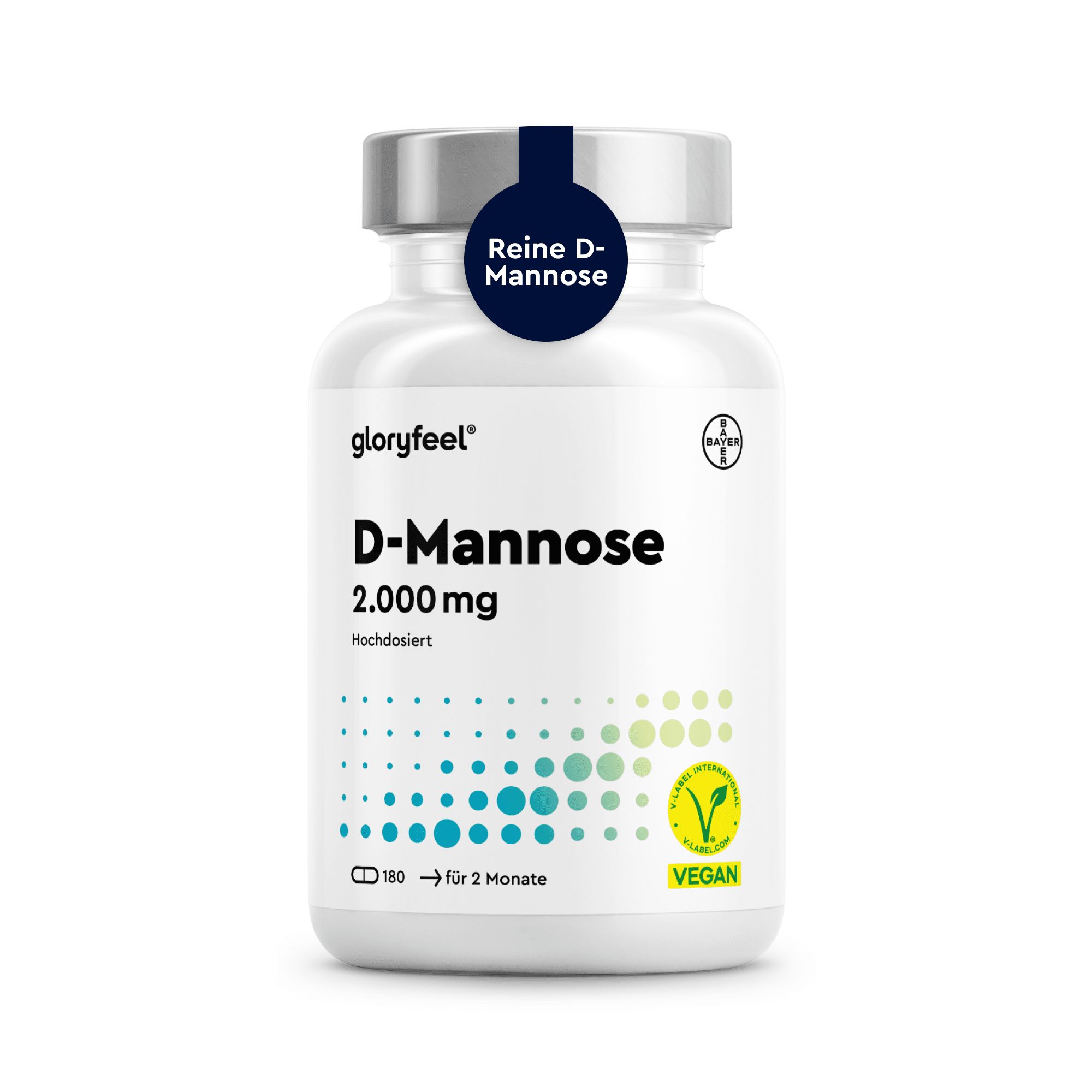 Weißes Pillenglas mit blauem Deckel. Aufschrift: D-Mannose 2.000 mg, vegan. 180 Kapseln für 2 Monate.
