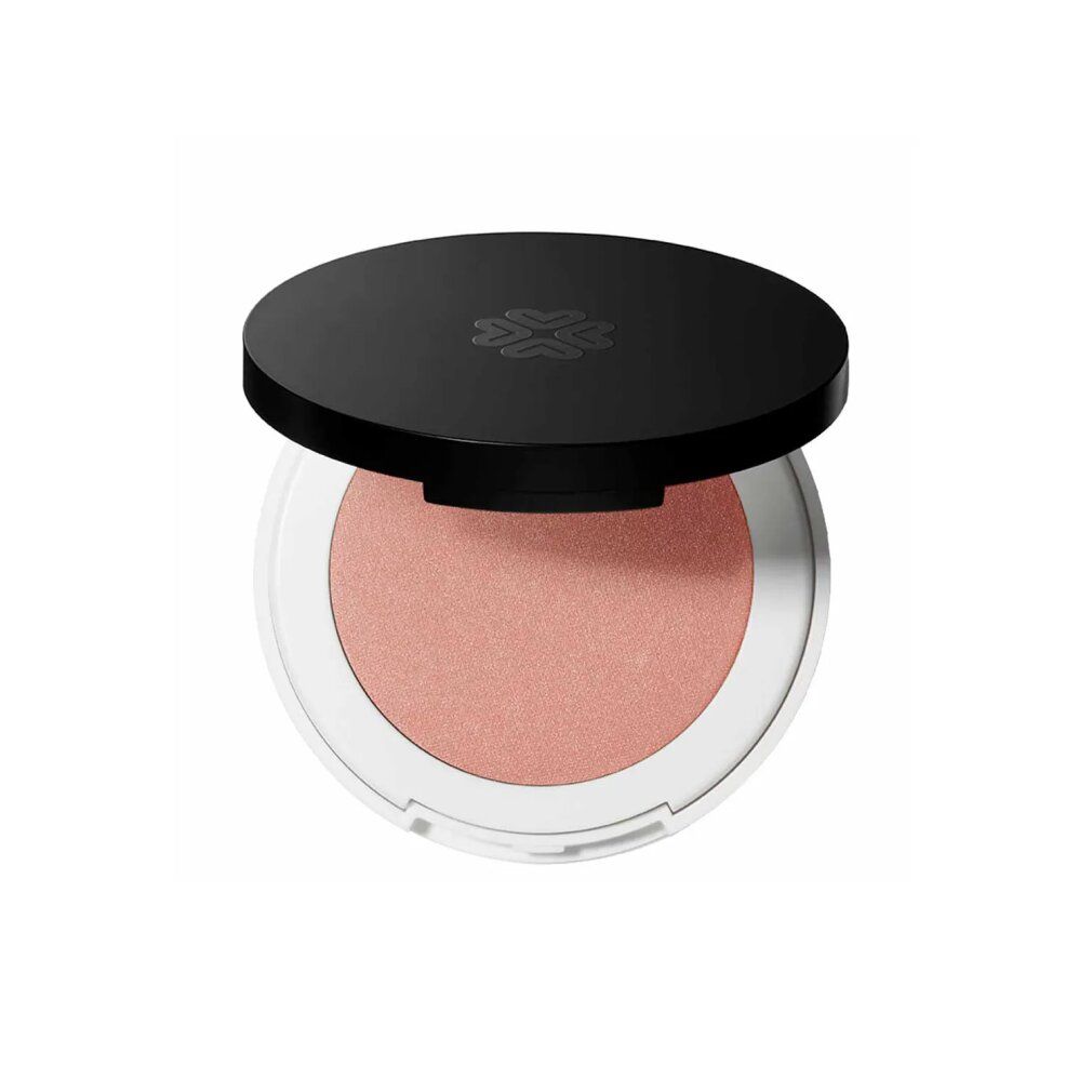 Runder, kompakter Rouge-Puder mit schwarzem Deckel. Rosa Farbton, weißer Rand. Deckel mit Logo.
