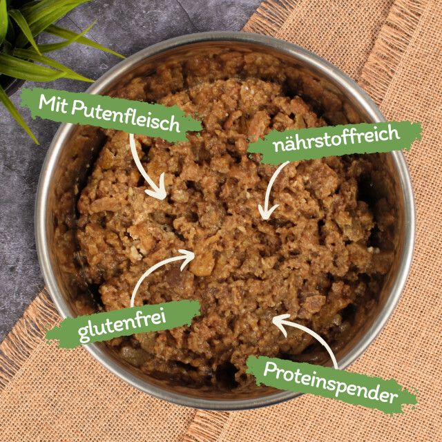 Katzenfutter in einer Schüssel. Pfeile zeigen auf: Mit Putenfleisch, nährstoffreich, glutenfrei, Proteinquelle.