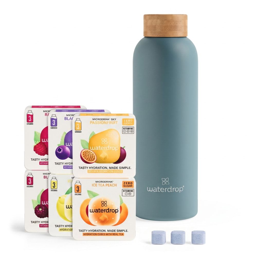 Wasserdrop Starter Set. Flasche, Tabletten und 6 Kartons mit je 3 Tabletten. Verschiedene Geschmacksrichtungen. Flasche blau, Deckel Holzoptik.