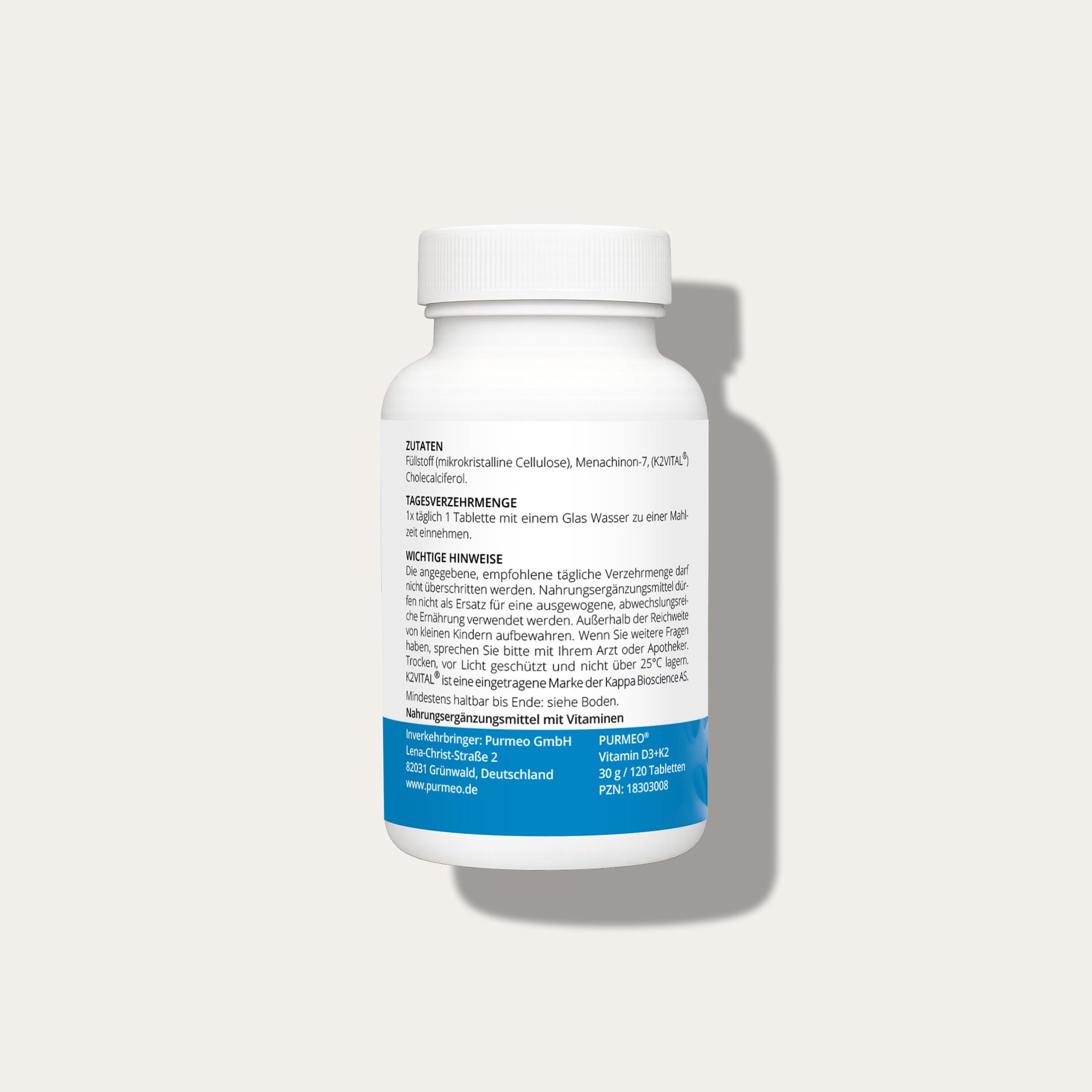 PURMEO Vitamin D3 + K2 - 2.000 I.E. D3 / 110µg K2 pro Tablette - für Gelenke & Knochen