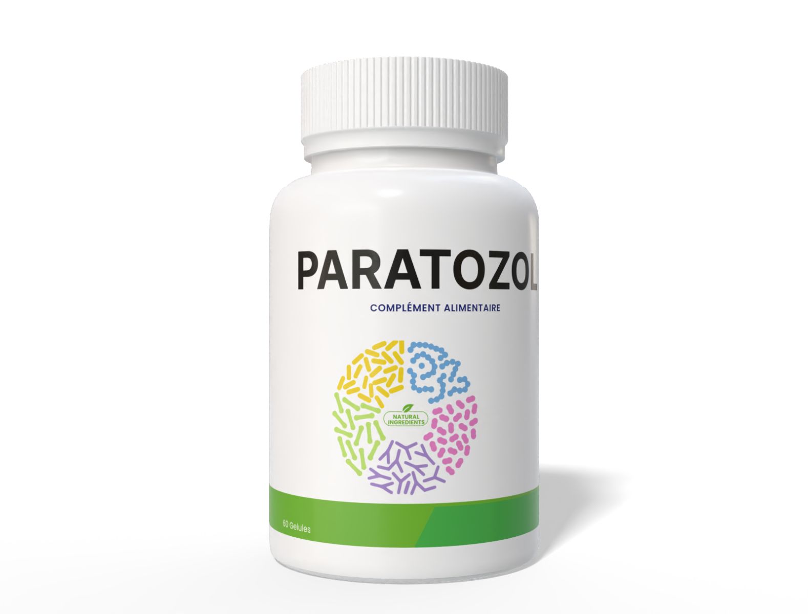Weiße Flasche mit Kapseln. Aufschrift PARATOZOL, darunter "Complement Alimentaire". Unterhalb ein farbiges Kreismuster. Aufschrift "60 Kapseln".