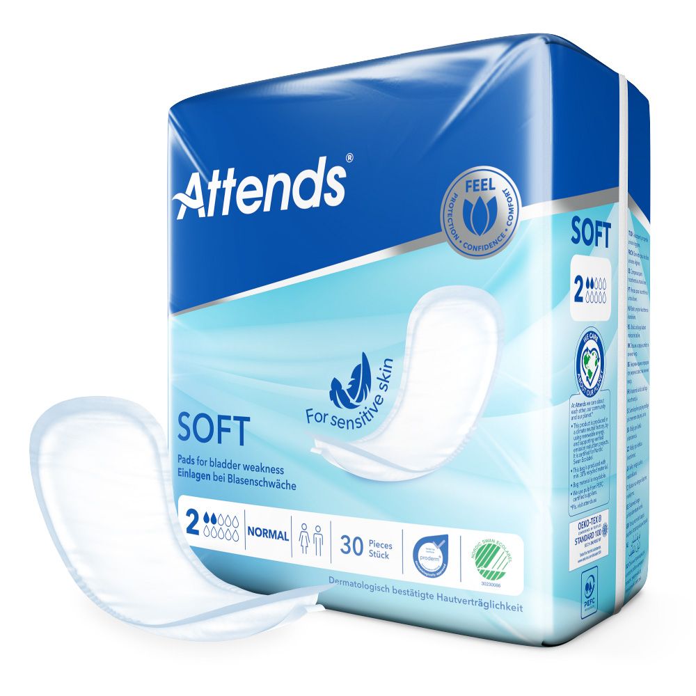 Attends Soft 2 Normal Einlagen. Packung mit 30 Stück. Blaue und weiße Verpackung. Produkt und einzelne Einlage.