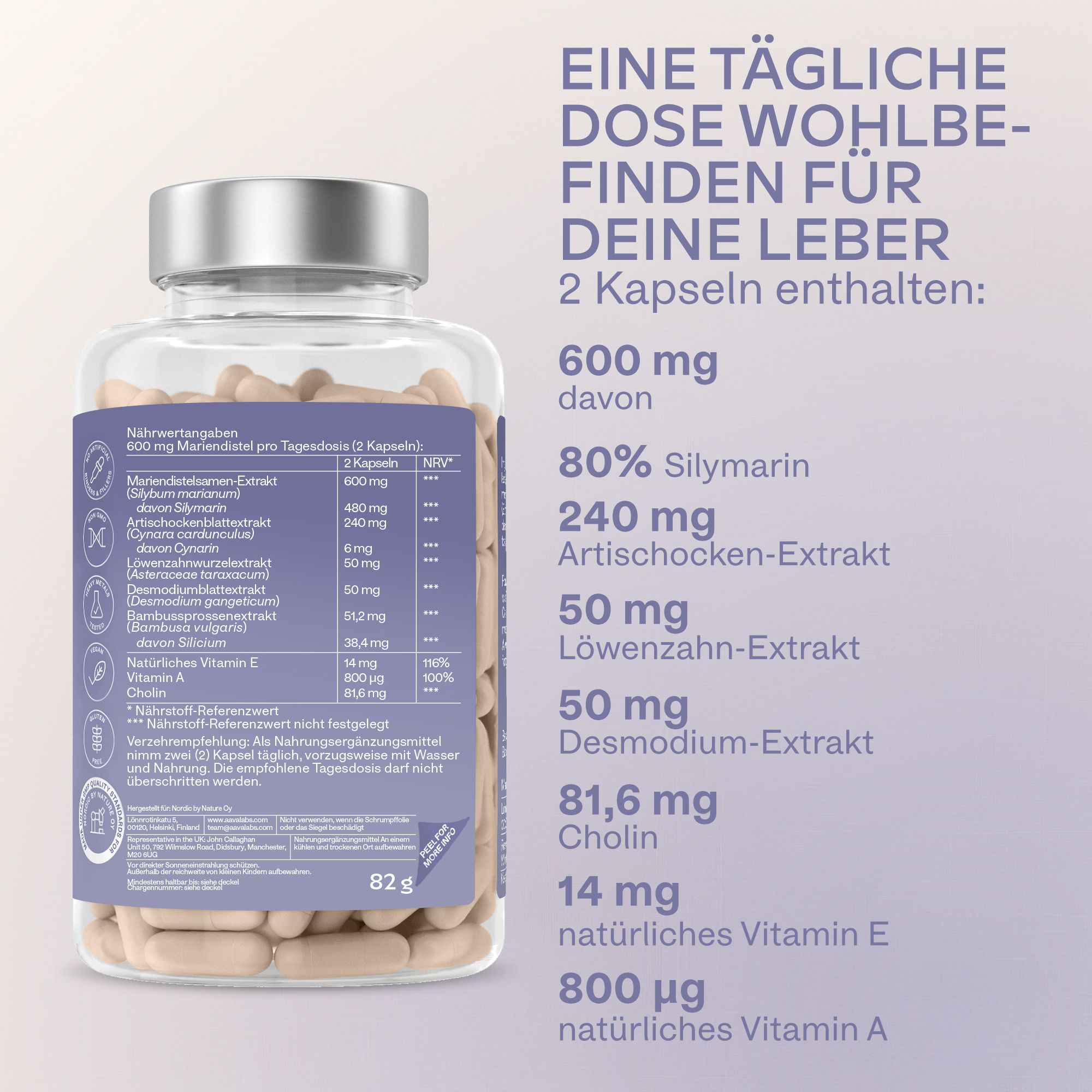 Flasche mit Mariendistel-Extrakt-Komplex und detaillierten Inhaltsangaben.
