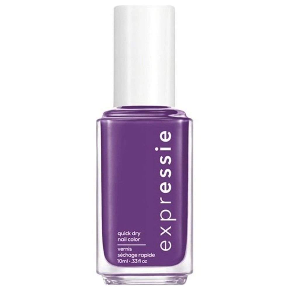 Flasche Nagellack, lila Farbe, weißer Deckel. Aufschrift: expressie, quick dry nail color, vernis séchage rapide, 10ml - .33 fl oz.