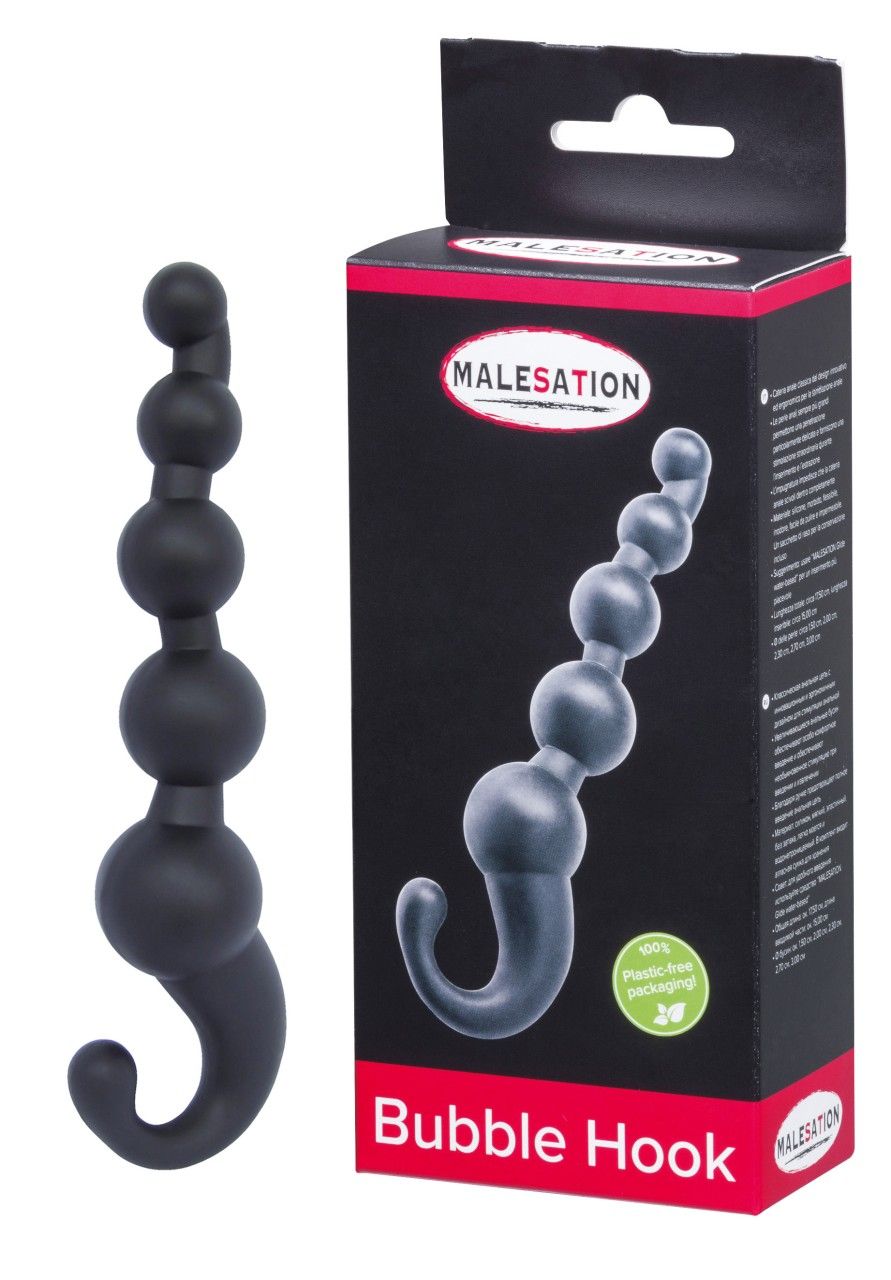Schwarzer Hook mit kugelförmigen Elementen. Verpackung mit Produktabbildung und Schriftzug MALESATION Bubble Hook.