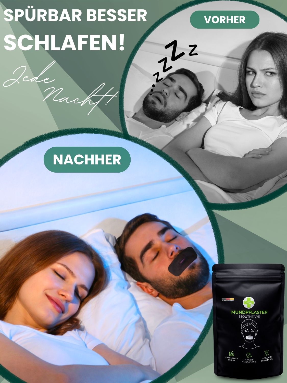 Vorher/Nachher: Frau stört sich an schnarchendem Mann, dann schlafen beide friedlich.