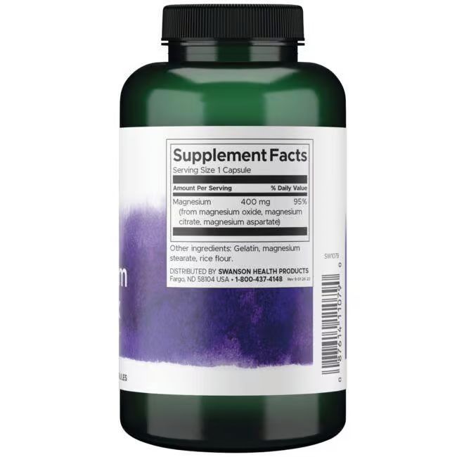 Rückseite der grünen Flasche. Enthält Nährwertangaben. Magnesium 400 mg. Weitere Inhaltsstoffe: Gelatine, Reismehl. Vertrieben von SWANSON.