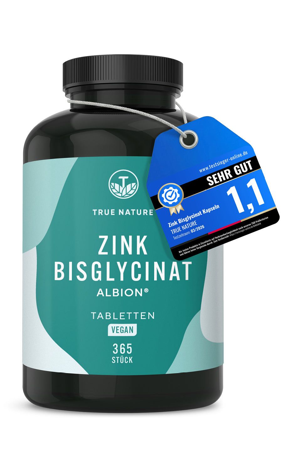 Dunkle Flasche Zink Bisglycinat Tabletten mit Anhänger. Anhänger: Sehr Gut, Note 1,1, Zink Bisglycinat Kapseln, TestSieger-online.de.