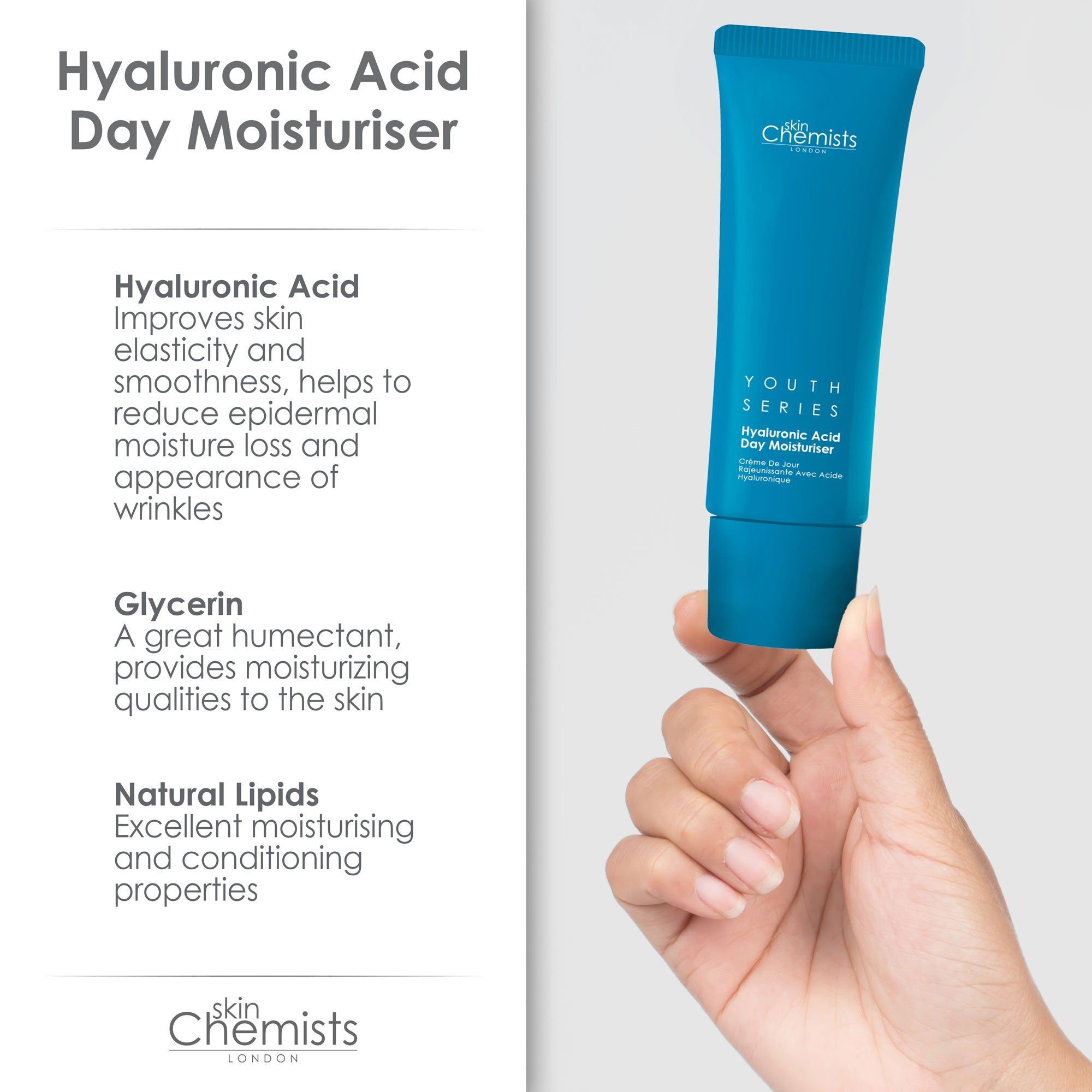 Hand hält blaue Tube. Text: Hyaluronic Acid Day Moisturiser, Inhaltsstoffe und Vorteile.