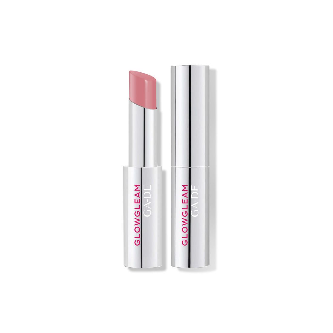 Lippenstift mit rosafarbenem Stift. Silberfarbene Hülse mit Aufschrift GLOWGLEAM und GA-DE. Ein Lippenstift ist geöffnet.