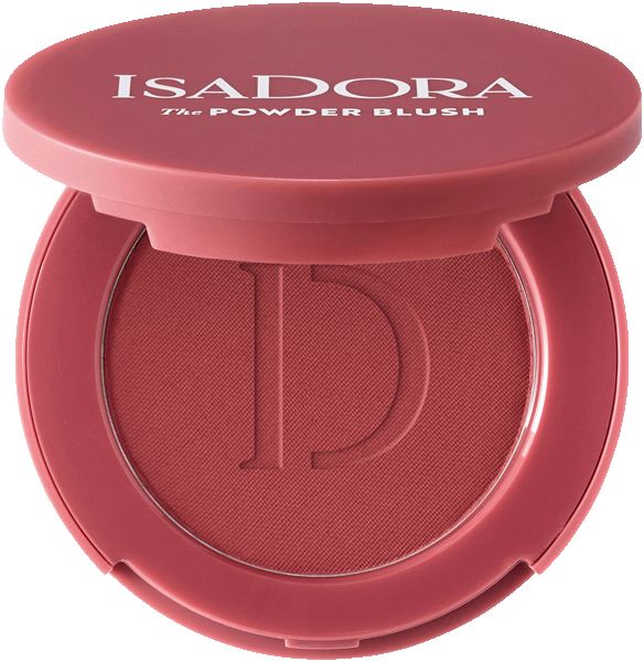 IsaDora Powder Blush, geöffnet. Rosa Puder in runder Dose. Deckel mit IsaDora und The Powder Blush Schriftzug.