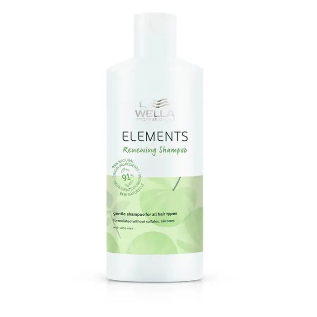 Weiße Flasche mit grünem Blattmuster. Aufschrift: Wella Elements Renewing Shampoo, 91% natürliche Inhaltsstoffe.