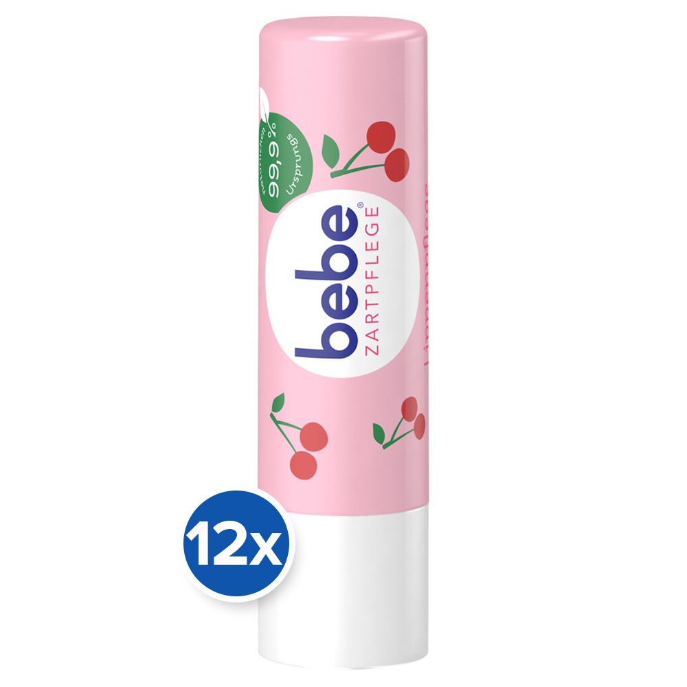 Lippenpflegestift mit Kirschmuster und "bebe Zartpflege" Logo. 12 Stück in einer blauen Kreisschachtel.