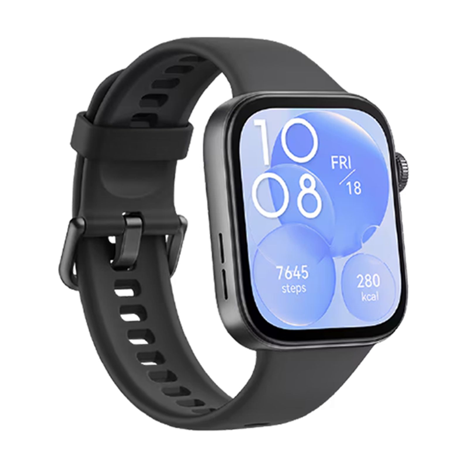 Schwarze Smartwatch mit schwarzem Armband. Quadratisches Display mit Uhrzeit und Fitnessdaten. Seitliche Taste.