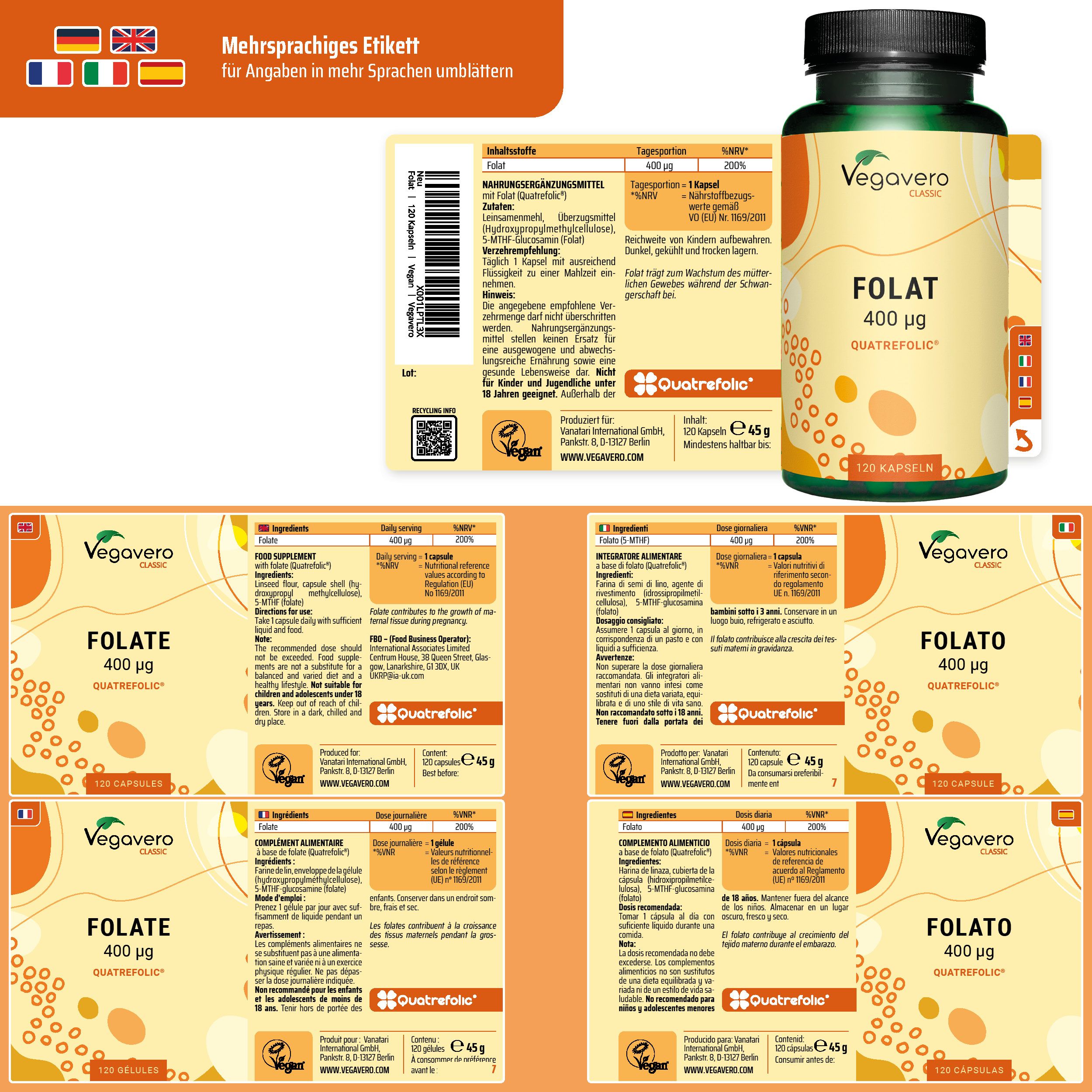 Mehrsprachiges Etikett mit Informationen zu Folat. Flasche mit "Folat 400 µg Quatrefolic" und "120 Kapseln".