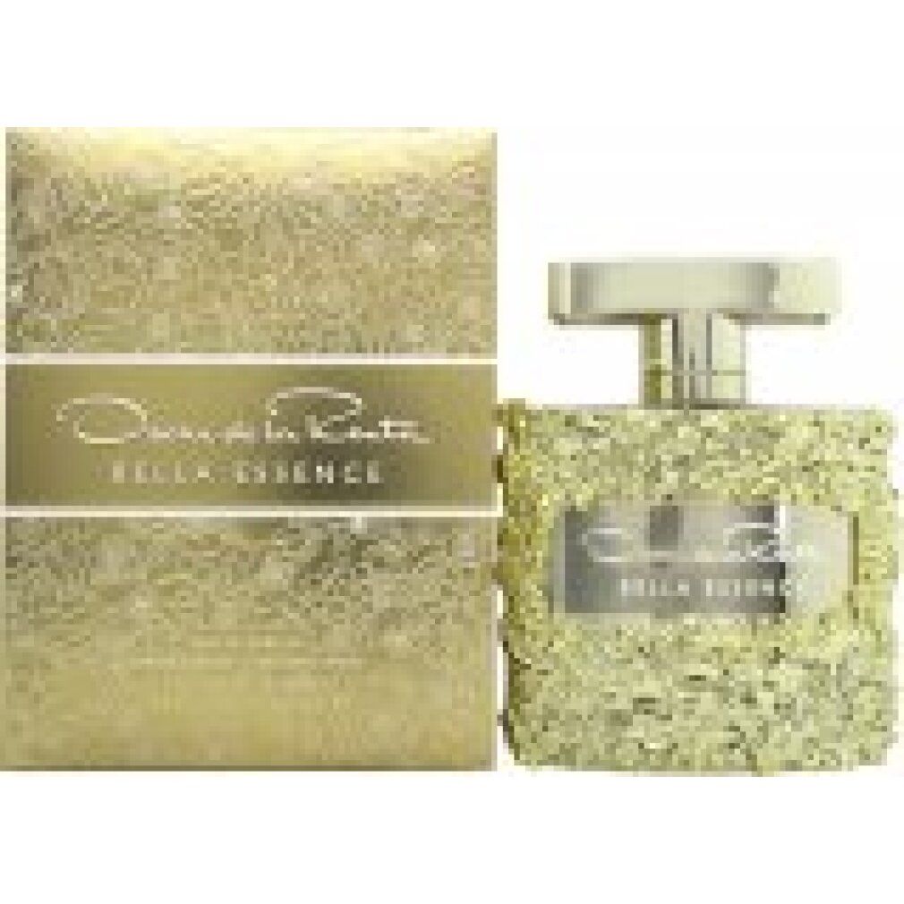 Goldfarbener Flakon und Schachtel. Aufschrift: Oscar de la Renta Bella Essence. Blumendekor auf Flakon und Verpackung.