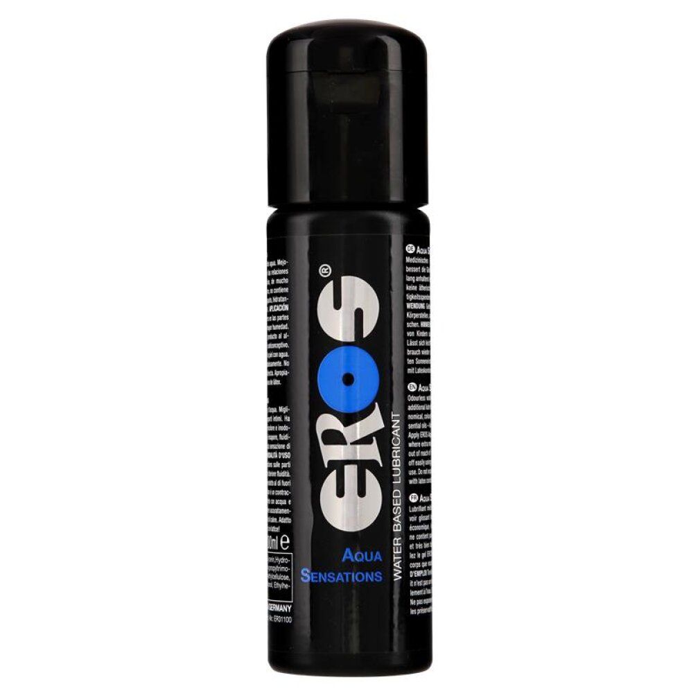 EROS Aqua Sensations Gleitmittel in schwarzer Flasche mit Klappdeckel.