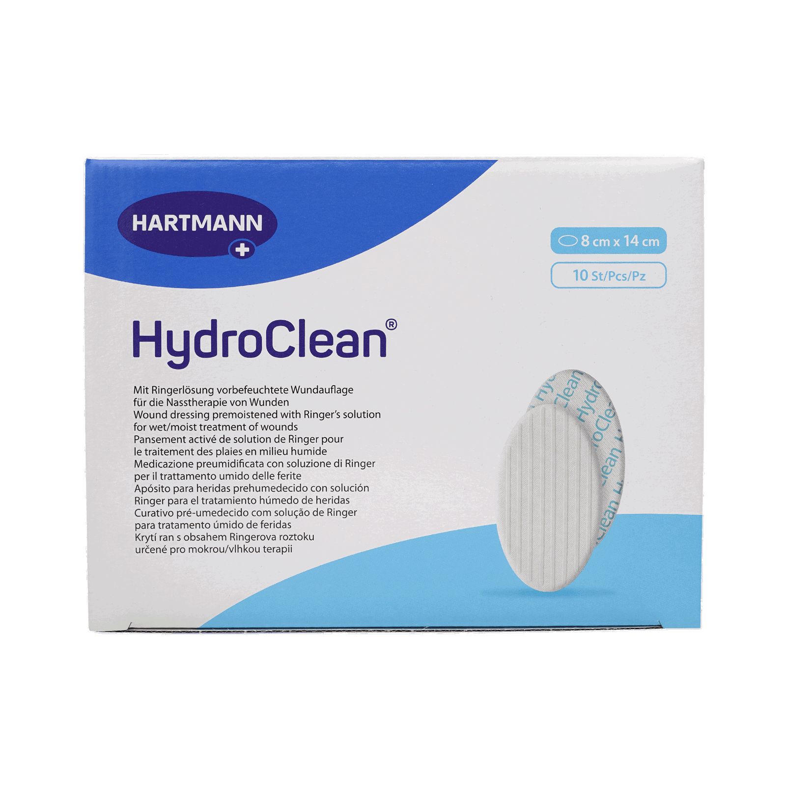 HydroClean Wundauflage, 8x14cm, in Verpackung. Hartmann Logo. 10 Stück. Ovales Produkt abgebildet.