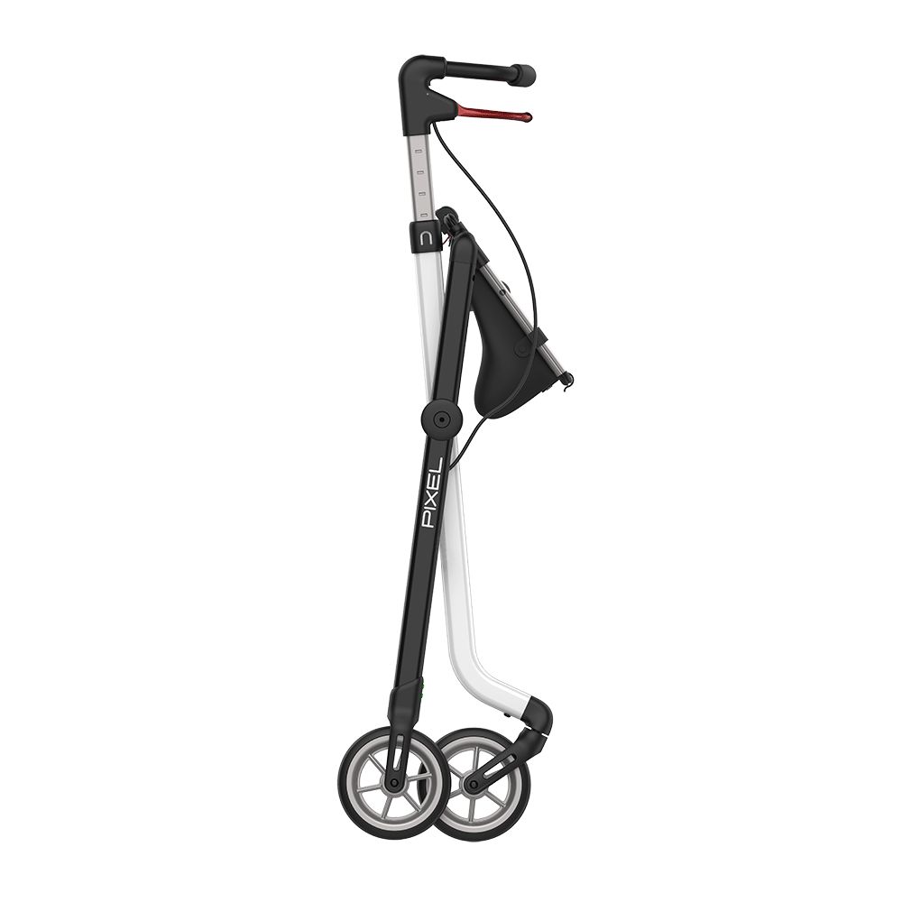 Gefalteter Rehasense Pixel Rollator in Schwarz und Weiß.