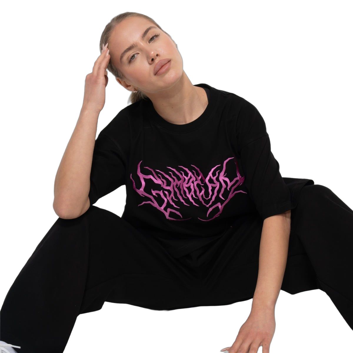 GymBeam T-Shirt Damen Oversized Kurzarm mit Rundhalsausschnitt Schwarz Thorn