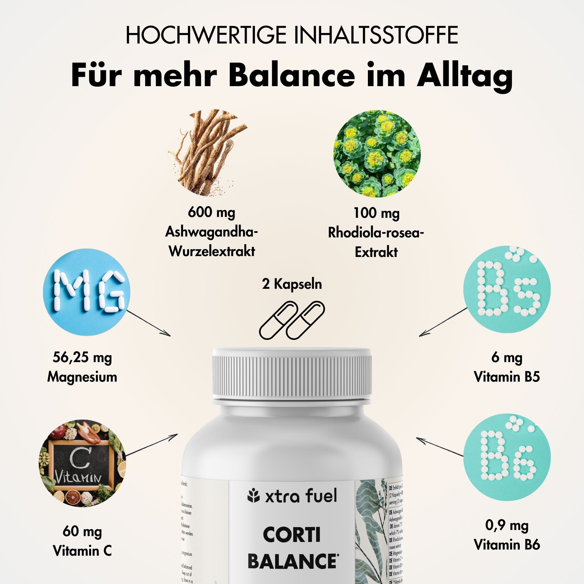 XTRA FUEL Corti Balance: Inhaltsstoffe wie Ashwagandha, Rhodiola, Magnesium, Vitamine C, B5, B6.