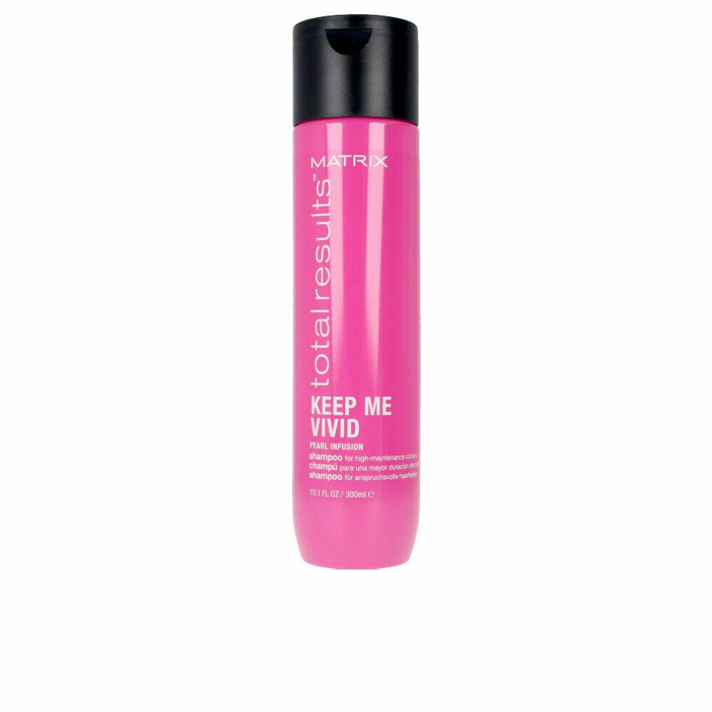 Rosa Shampoo-Flasche mit schwarzem Deckel. Aufschrift: Matrix Total Results Keep Me Vivid. Für coloriertes Haar.