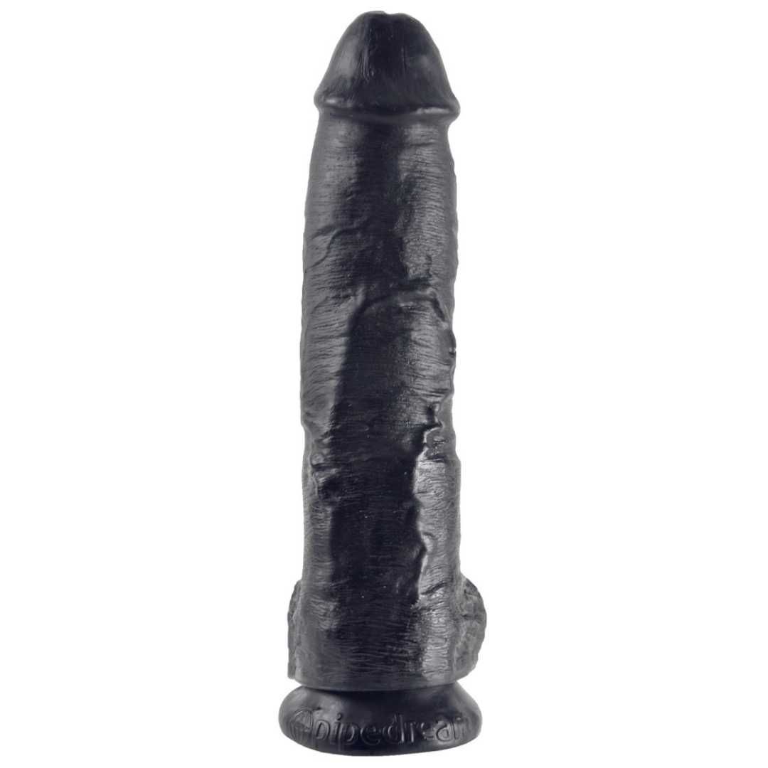 Schwarzer Dildo mit geriffelter Oberfläche. Basis mit Schriftzug. Vertikale Ansicht.