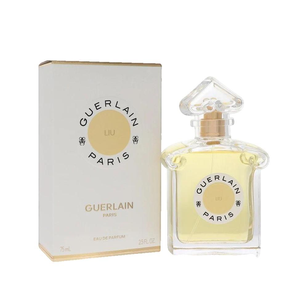 Parfümflakon neben Verpackung. Aufschrift "Guerlain Paris Liu".