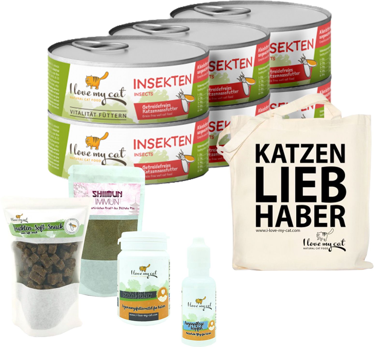 I love my cat Sparset für Bengalkatze Nassfutter und Soft-Snacks mit Insekten NEM und Pflege