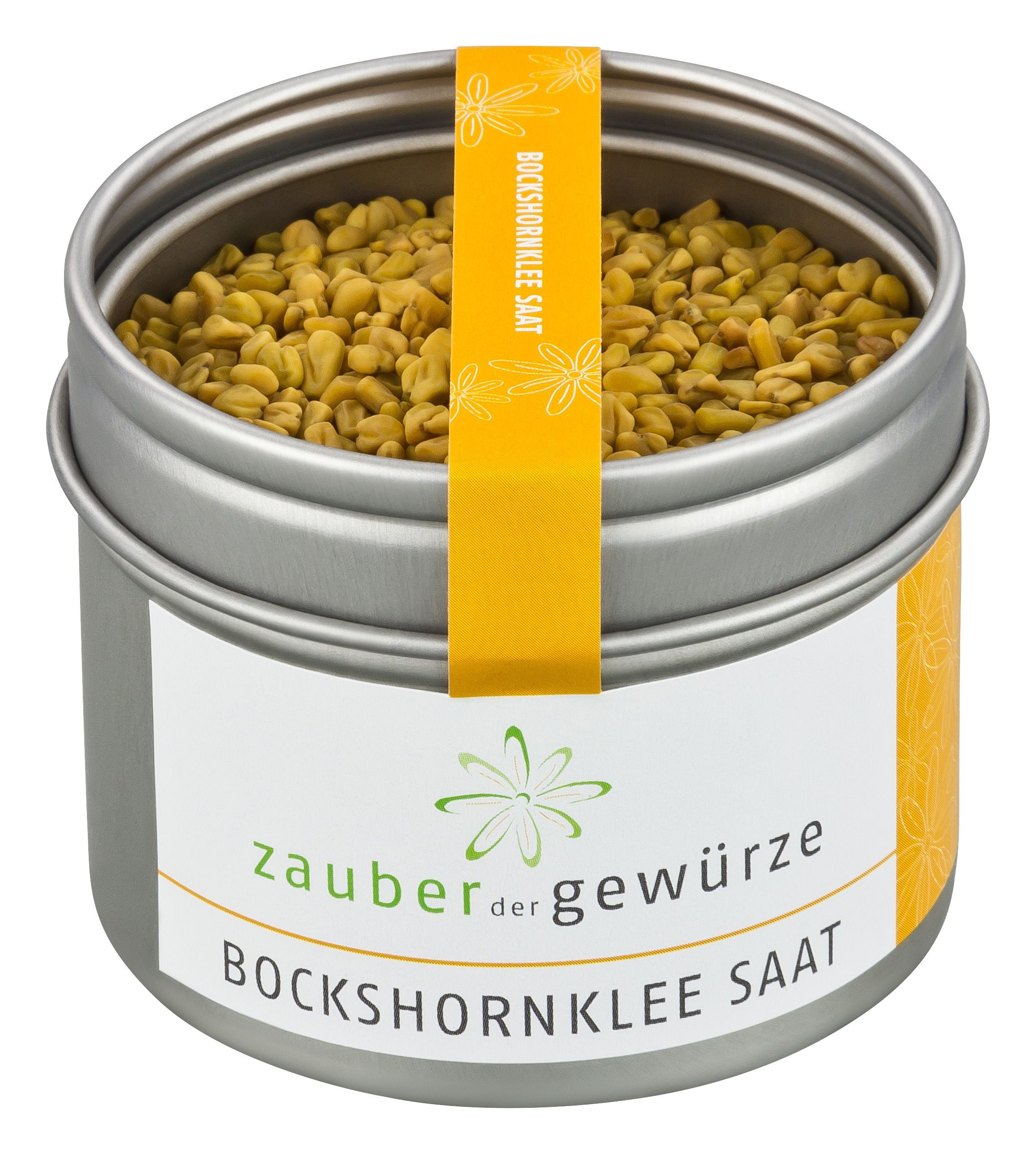 Zylindrische Dose mit Bockshornklee Saat. Aufkleber mit Produktname und Logo. Gelbes Etikett mit Produktname. Dose teilweise geöffnet.
