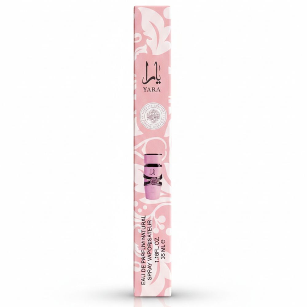 Rosa Verpackung mit floralem Muster. Produkt "Yara" sichtbar. 35ml.