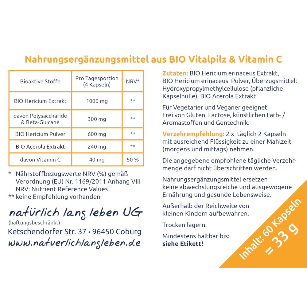 natürlich lang leben BIO Hericium Extrakt + Pulver 32 g Kapseln