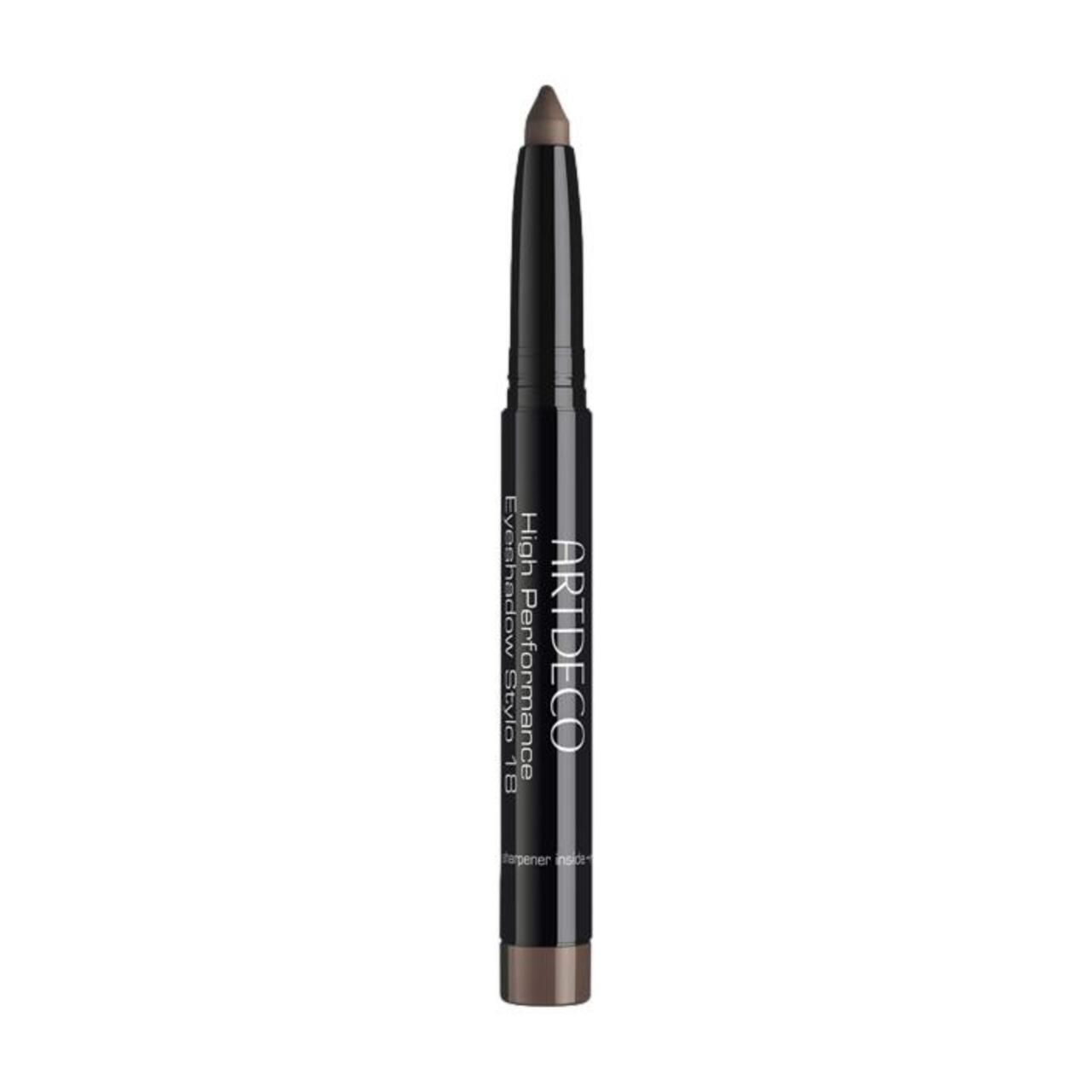 Artdeco High Performance Eyeshadow Stylo. Dunkelbrauner Lidschattenstift. Schwarze Hülse mit Produktbezeichnung.