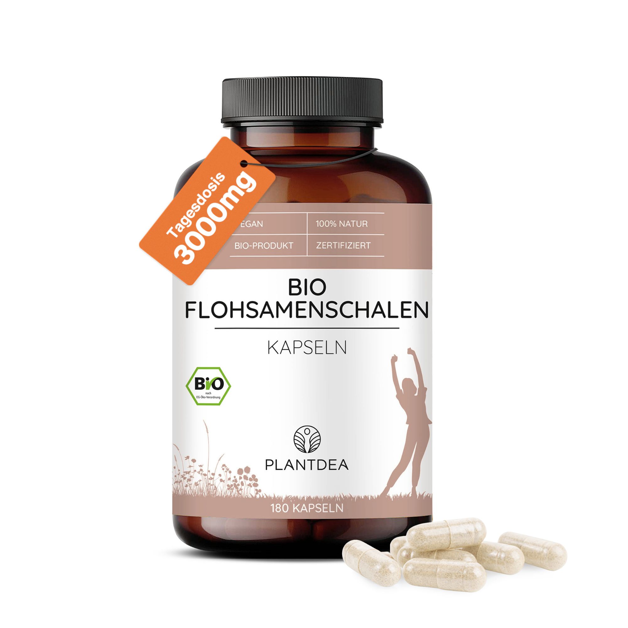 Braune Flasche mit Kapseln. Aufschrift: BIO Flohsamenschalen Kapseln. Etikett mit 3000mg Tagesdosis. Vegan, Bio-Produkt, zertifiziert.