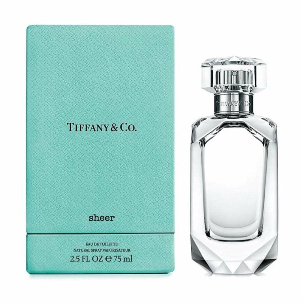 Türkisfarbene Schachtel und Parfumflakon. "Tiffany & Co." und "sheer" auf der Schachtel. Flakon mit silbernem Verschluss.